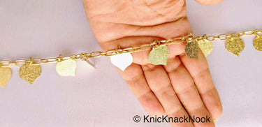 Gold Chain Metal Trim, Metallic Chain with Gold Shimmer Leaf Charms, Beaded Bohemian trim